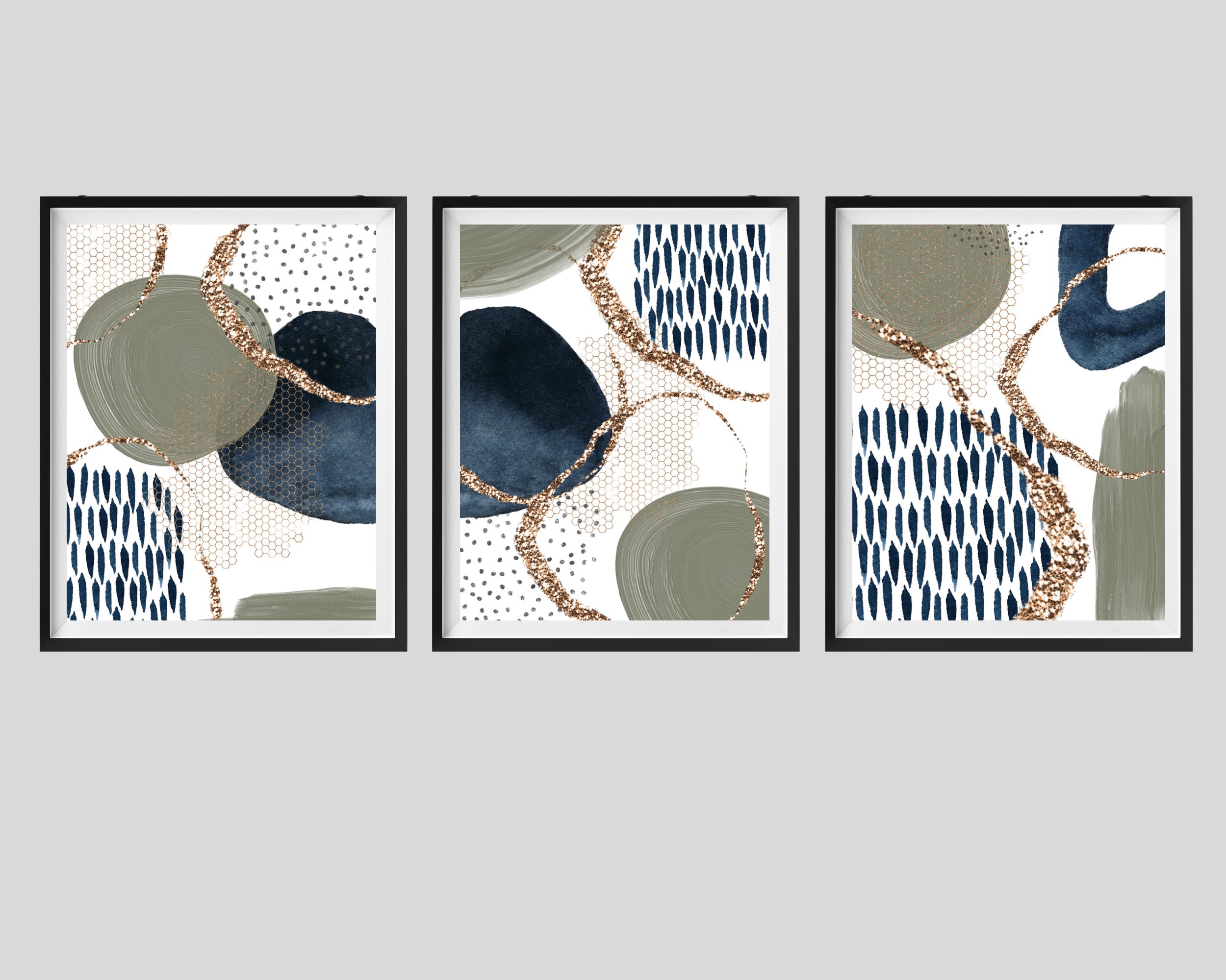 Abstract Wall Art, Navy and Sage Green Abstract Print Set of 3 ...