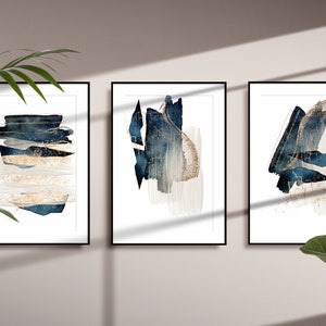 Blaue abstrakte Wandkunst, marineblaue und goldene Aquarellformen, druckbare Wandkunst, 3er-Set Geometrischer Flurdruck, Wohnzimmer-Wanddekoration