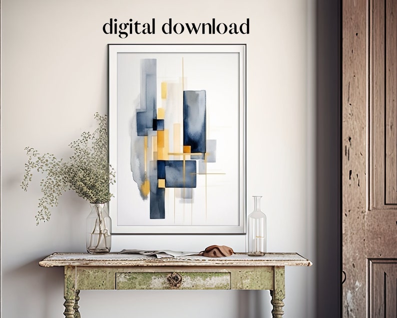 Abstract Art Prints, Blue and Yellow Geometric Shapes Printable Wall ...