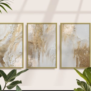 Abstract Art Print Set of 3, Neutral Cream and Gold Printable Wall Art, Marble Effect Modern Minimalist Living Room Wall Decor