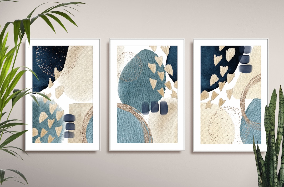 Set of 3 Navy Blue and Gold Wall Art Prints, Modern Abstract Printable ...