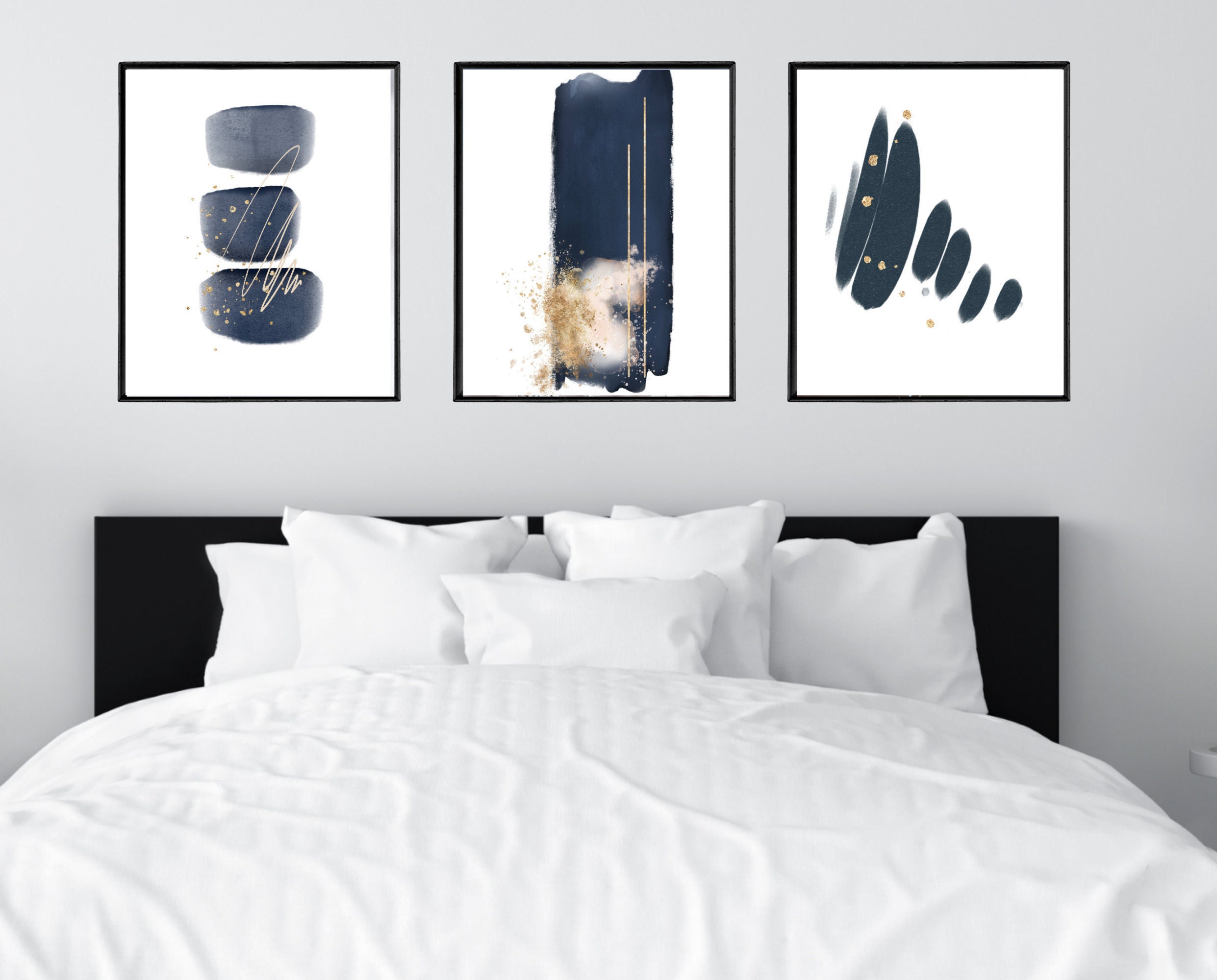 Blue and Gold Abstract Wall Art Print Set of 3 Navy Abstract - Etsy