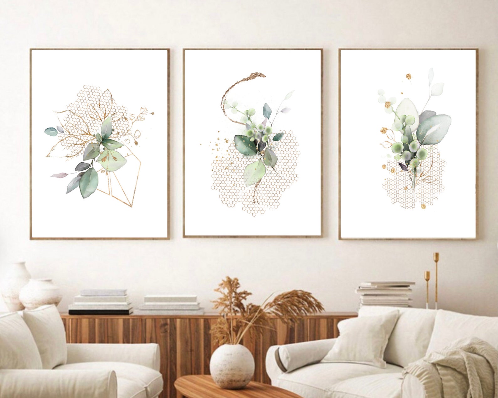 Botanical Prints Set of 3, Botanical Wall Art, Green and Gold ...