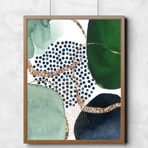 Abstract Wall Art, Green and Navy Abstract Print Set of 3, Watercolour ...