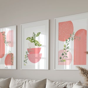 Boho Printable Wall Art, Modern Nordic Rose Pink Set of 3 Prints,  Minimalist Living Room Wall Decor, Blush Pink Art Shapes Hallway Print