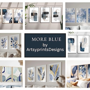 Blue Botanical Prints Set of 3, Abstract Printable Wall Art, Modern ...