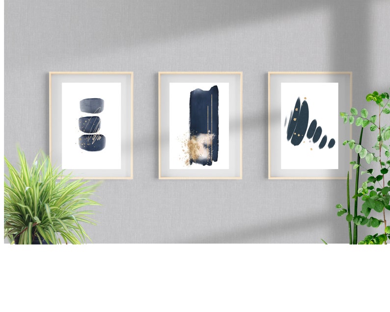 Abstract Wall Art Print Set of 3 Modern Wall Art Blue Grey Etsy UK