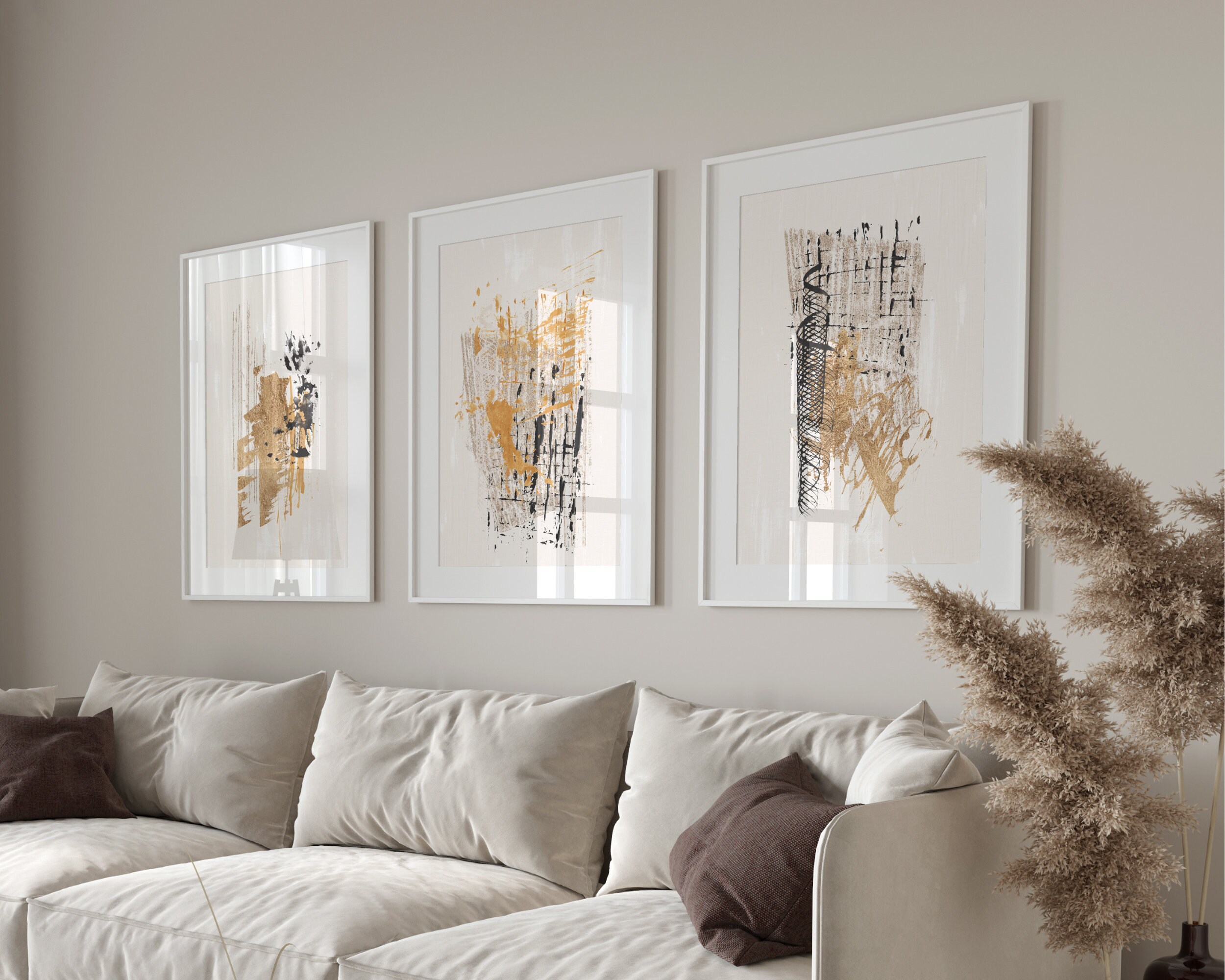 Modern Gallery Wall Art Set of 3 Minimalist Gold Beige Black Nordic ...