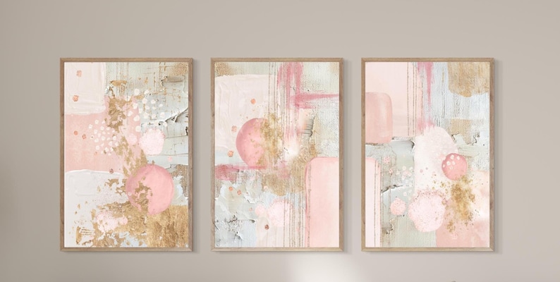 Pink Prints Set of 3, Abstract Printable Wall Art, Modern Living Room Decor, Pink Bedroom Poster, Hallway Print, Home Office Gallery Wall image 1