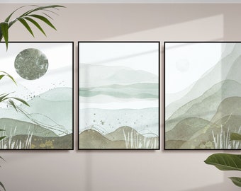 3er Set Abstrakte Landschaft Drucke, Grüne Aquarell Abstrakte druckbare Wandkunst, Minimalistische Wohnzimmer Wand Dekor