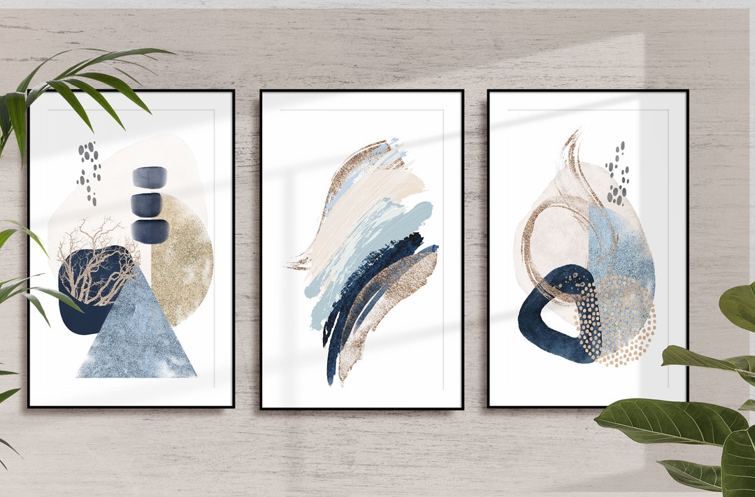 Modern Art Prints, Blue Printable Abstract Wall Art Set of 3, Simple ...