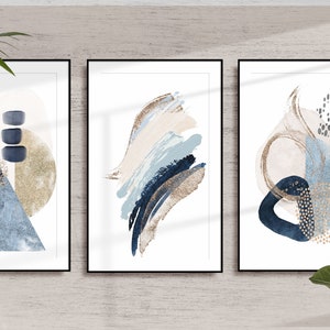 Modern Art Prints, Blue Printable Abstract Wall Art Set of 3, Simple Nordic Living Room Wall Decor, Hallway Print Poster Set