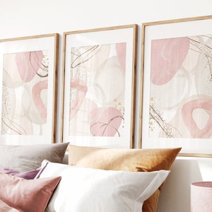Arte de pared imprimible en rosa, conjunto de impresión de arte abstracto moderno de 3, decoración minimalista de la pared de la sala de estar, impresión del pasillo de formas de arte rosa rubor