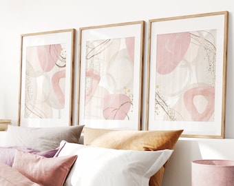 Rosa utskrivbar väggkonst, modern abstrakt konsttryck set med 3, minimalistisk väggdekor i vardagsrummet, rodnande rosa konstformer i hallen