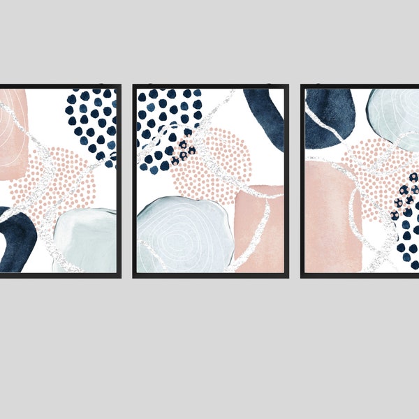 Arte murale astratta, stampe murali con forme ad acquerello, set di 3 stampe rosa, blu e argento, set di stampe geometriche per corridoi