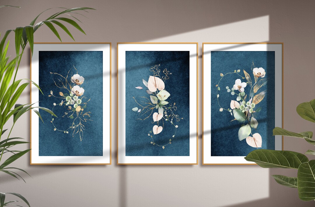 Abstract Wall Art, Blue Botanical Print Set of 3, Navy Blue Floral Wall ...