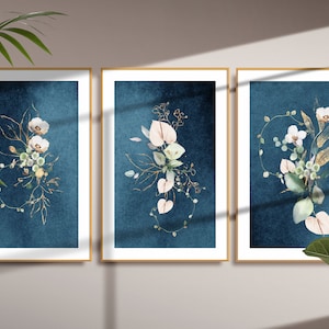Arte mural abstracto, juego de 3 impresiones botánicas azules, arte mural floral azul marino, arte mural imprimible para sala de estar, impresión para pasillo