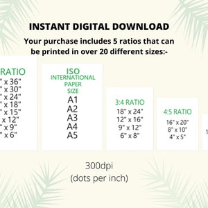 K&ouml;nnte beinhalten: Eine digitale Download-Grafik, die f&uuml;nf verschiedene Seitenverh&auml;ltnisse f&uuml;r druckbare Bilder zeigt. Die Verh&auml;ltnisse sind 2:3, 3:4, 4:5 und 11" x 14". Die Grafik enth&auml;lt auch eine Liste der ISO-Papierformate von A1 bis A5 und die Aufl&ouml;sung der Bilder, 300dpi.