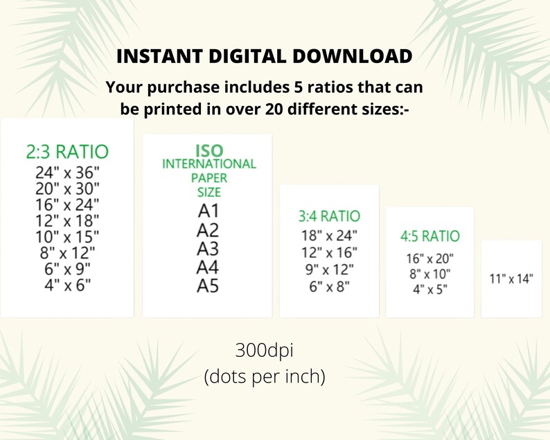 K&ouml;nnte beinhalten: Eine digitale Download-Grafik, die f&uuml;nf verschiedene Seitenverh&auml;ltnisse f&uuml;r druckbare Bilder zeigt. Die Verh&auml;ltnisse sind 2:3, 3:4, 4:5 und 11" x 14". Die Grafik enth&auml;lt auch eine Liste der ISO-Papierformate von A1 bis A5 und die Aufl&ouml;sung der Bilder, 300dpi.