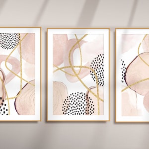 Abstract Wall Art, Watercolour Shapes Printable Wall Art, Rose Pink and  Gold  Set of 3 Prints, Geometric Print Set