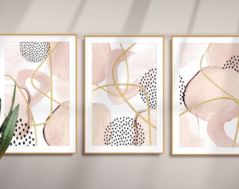 Abstrakte Wandkunst, Aquarell Formen druckbare Wandkunst, Rosa und Gold Set mit 3 Drucken, Geometrisches Druck-Set