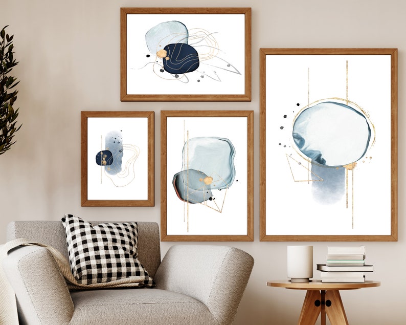 Blue and Grey Abstract Wall Art Set of 4 Navy Modern Etsy