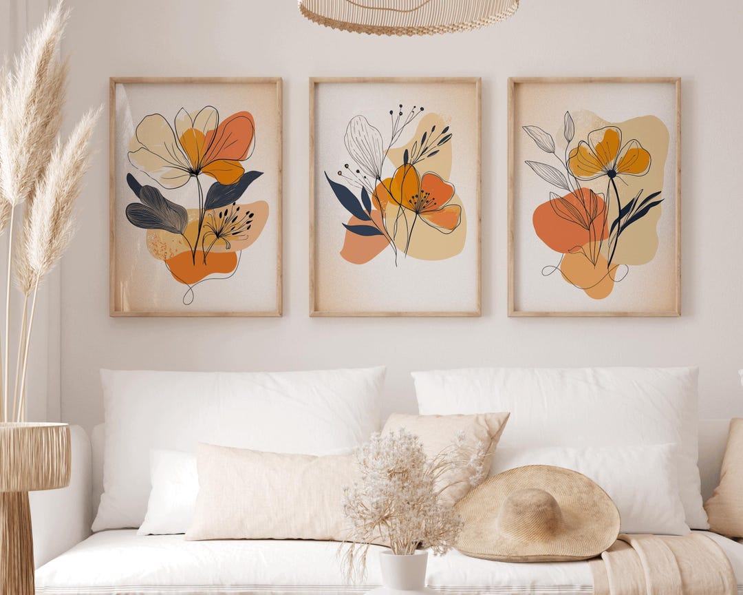 Orange Botanical Print Set, 3 Piece Wall Art, Printable Wall Art ...