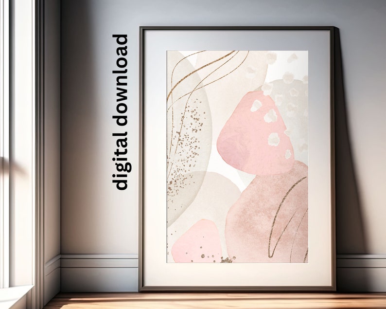 Pink Abstract Wall Art Set of 3, Soft Pink and Cream Watercolour Shapes Printable Wall Art, Modern Living Room, Hallway, Bedroom Print Set image 2