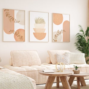 Boho Printable Wall Art, Modern Nordic Peach Set of 3 Prints, Minimalist Living Room Wall Decor, Apricot Peach Art Shapes Hallway Print image 3