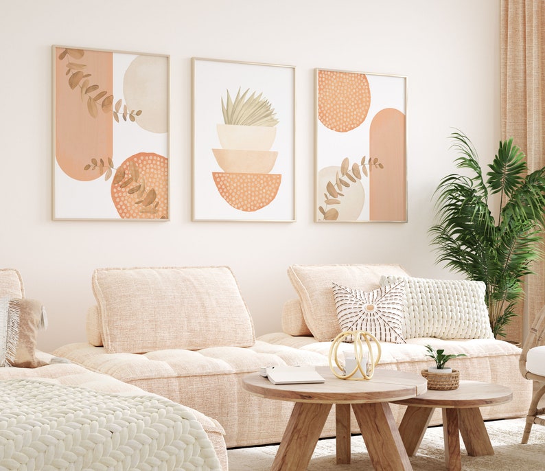 Boho Printable Wall Art, Modern Nordic Peach Set of 3 Prints, Minimalist Living Room Wall Decor, Apricot Peach Art Shapes Hallway Print image 3