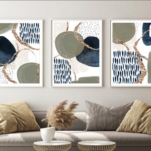Ensemble de 3 oeuvres d'art mural abstrait, impression abstraite bleu marine et vert sauge, art mural imprimable formes aquarelle, décoration murale de salon, impression de couloir