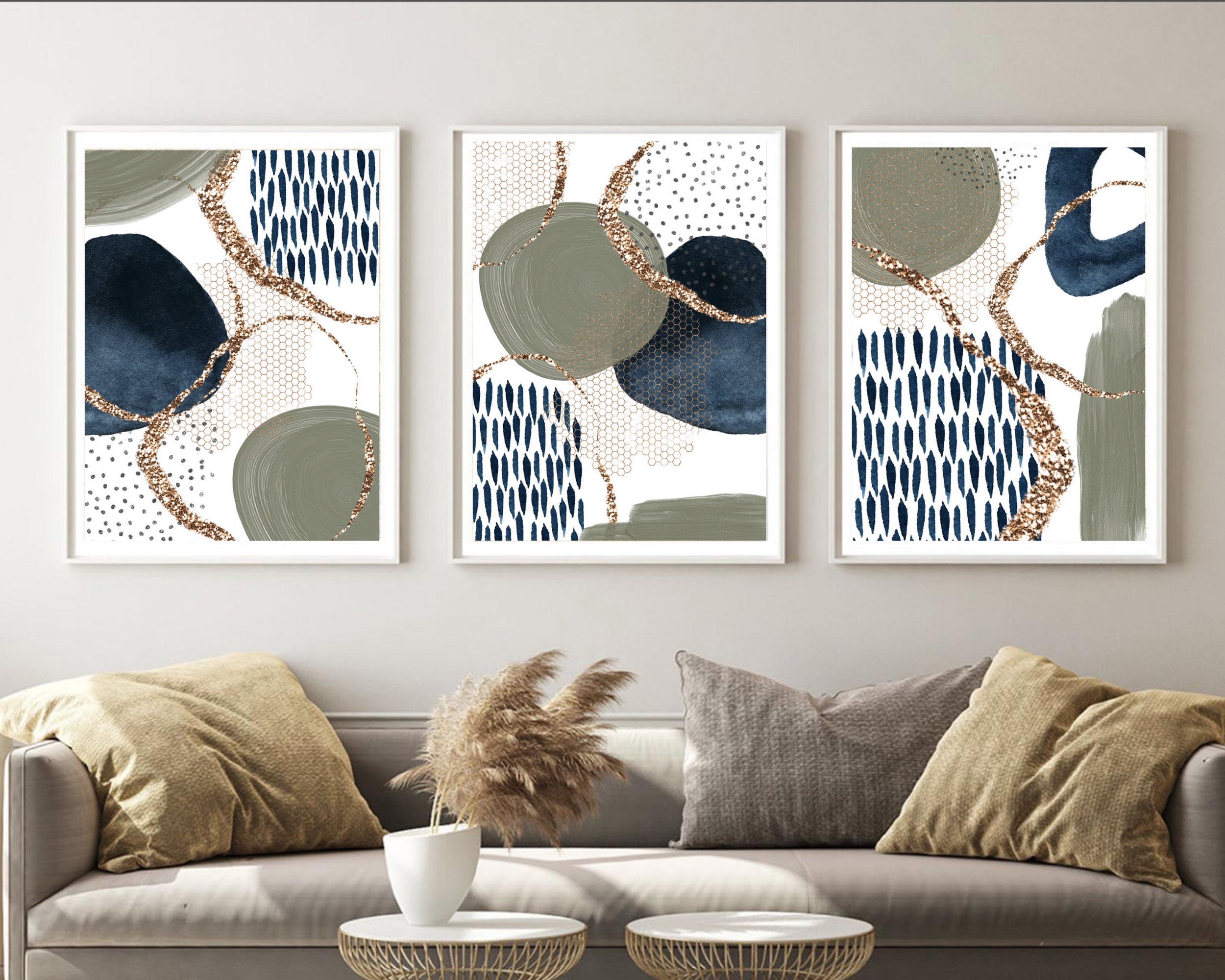 Abstract Wall Art, Navy and Sage Green Abstract Print Set of 3 ...