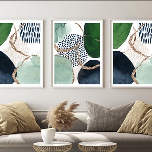 Abstract Wall Art, Green and Navy Abstract Print Set of 3, Watercolour Shapes Printable Wall Art, Living Room Wall Decor, Hallway Print