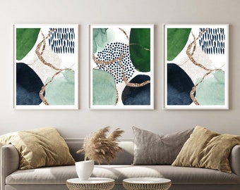 Abstract Wall Art, Green and Navy Abstract Print Set of 3, Watercolour Shapes Printable Wall Art, Living Room Wall Decor, Hallway Print