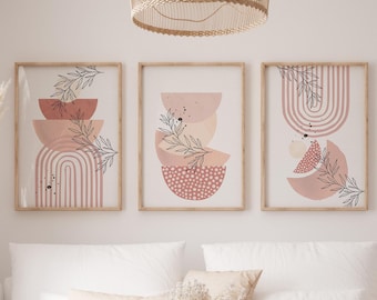 Boho utskrivbar väggkonst, modern rosa set med 3 tryck, minimalistiskt vardagsrum, rodnande rosa hallposter för hemmakontor, sovrumsväggdekor
