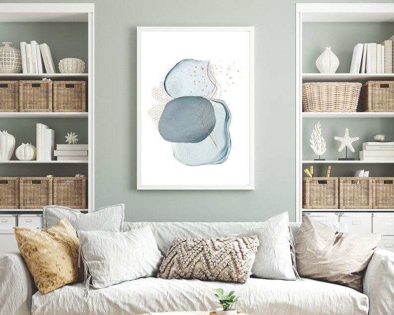 Abstract Wall Art Blue Grey Gold Watercolour Shapes Printable Etsy