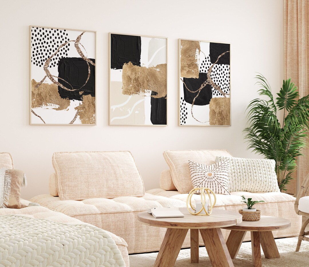 Printable Wall Art, Modern Gold and Black Set of 3 Prints, Minimalist ...