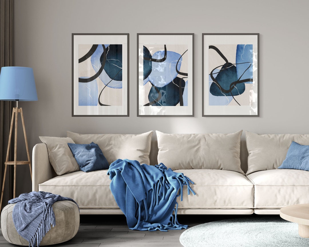 Blue Abstract Wall Art, Navy and Sky Blue Printable Wall Art Set of 3 ...
