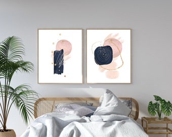 Juego de 2 impresiones de arte de pared en rosa y azul, arte de pared abstracto minimalista, impresiones para pasillos, decoración de pared para sala de estar, póster de pared de galería moderna.