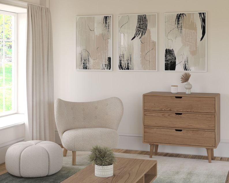 Impresiones abstractas, pintura acrílica beige crema negra, juego de arte de pared imprimible de 3, decoración de pared de sala de estar neutra, arte de oficina en casa imagen 6