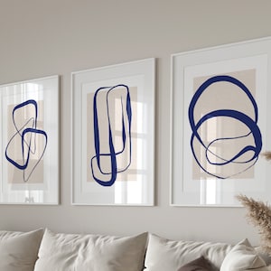 Juego de arte de pared de galería imprimible nórdico moderno de dibujo de línea minimalista azul de 3 decoración de pared de salón, impresiones abstractas de pasillo