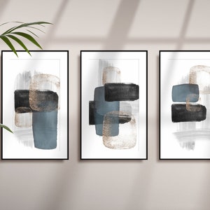 Abstract Art Prints, Black Grey Blue Gold Printable Wall Art, Block Colour Brush Strokes, Set of 3