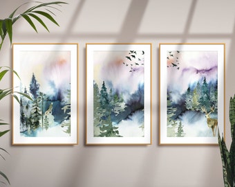 Impressions de paysages abstraits, ensemble d’art mural imprimable de paysage à l’aquarelle de 3, ensemble d’impressions forestières de chaîne de montagnes, décoration murale de salon,