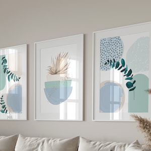 Boho Printable Wall Art, Modern Nordic Blue Green Set of 3, Minimalist Living Room Wall Decor, Turquoise Blue Art Shapes Hallway Prints
