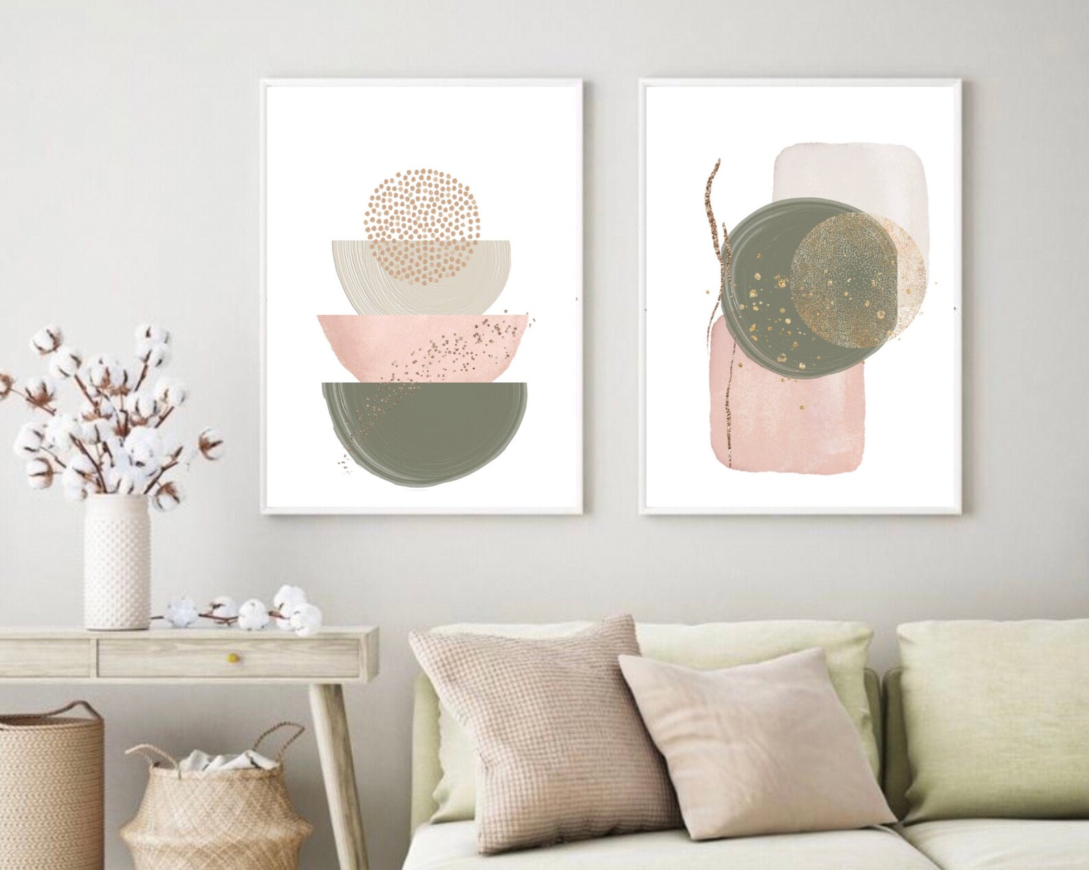 Abstract Wall Art Green and Pink Watercolor Shapes Printable Etsy