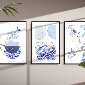 Blue Abstract Wall Art, Pastel Blue Watercolour Shapes Printable Wall Art Set of 3 Botanical Hallway Print, Living Room Wall Decor