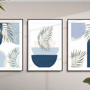 Boho Printable Wall Art, Modern Nordic Blue Set of 3 Prints, Minimalist Living Room Wall Decor, Blue Art Shapes Hallway Print