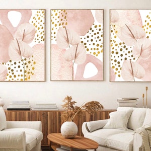 Abstract Wall Art, Watercolour Shapes Printable Wall Art, Rose Pink and  Gold  Set of 3 Prints, Modern Living Room Wall Decor