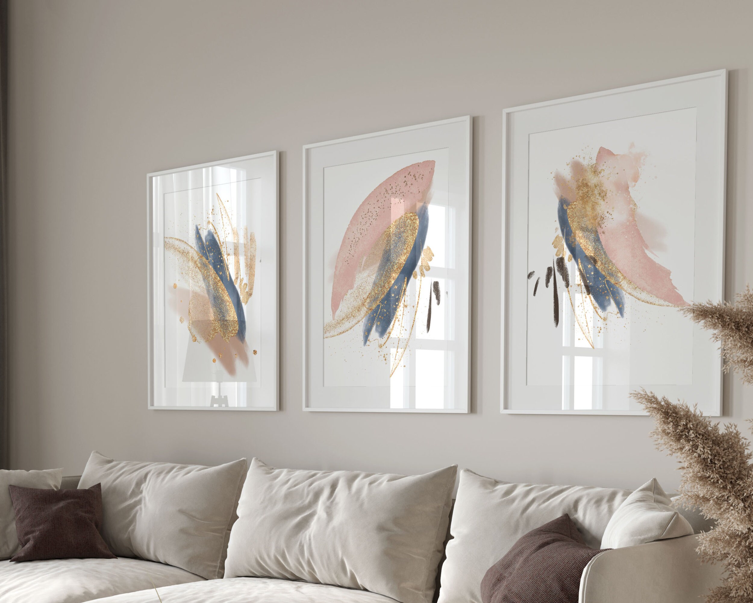 Abstract Wall Art, Pink Blue and Gold Modern Printable Wall Art Set of ...