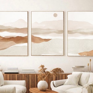 Set of 3 Abstract Landscape Prints, Watercolor Neutral Beige Abstract Printable Wall Art, Minimalist Living Room Wall Decor